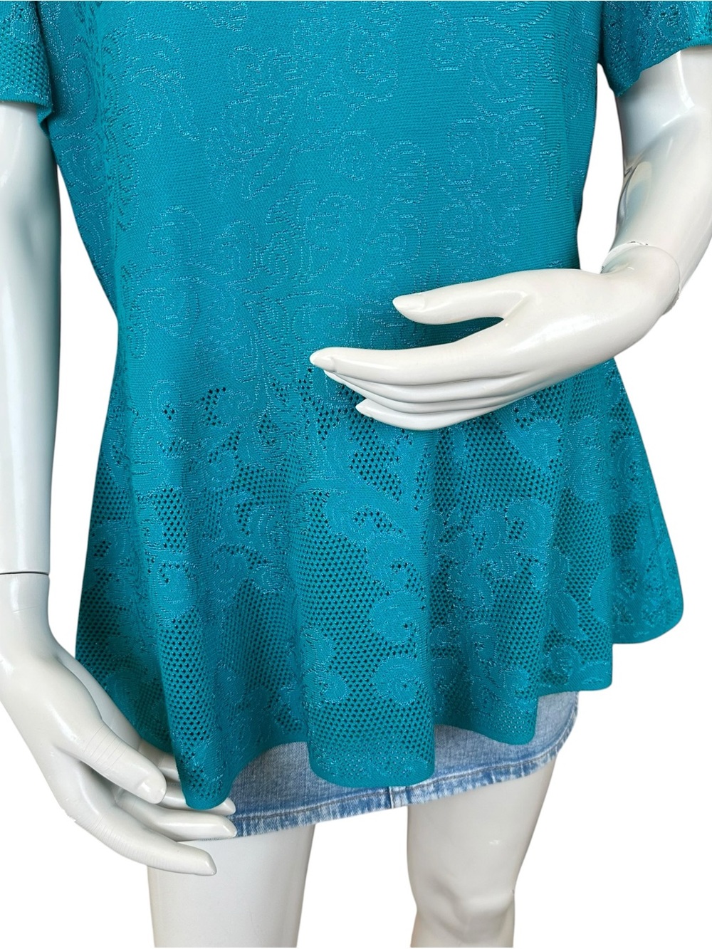 St. John Boutique Teal Jacquard Short Sleeve Peplum Paisley Blouse Size XL - Picture 5 of 11